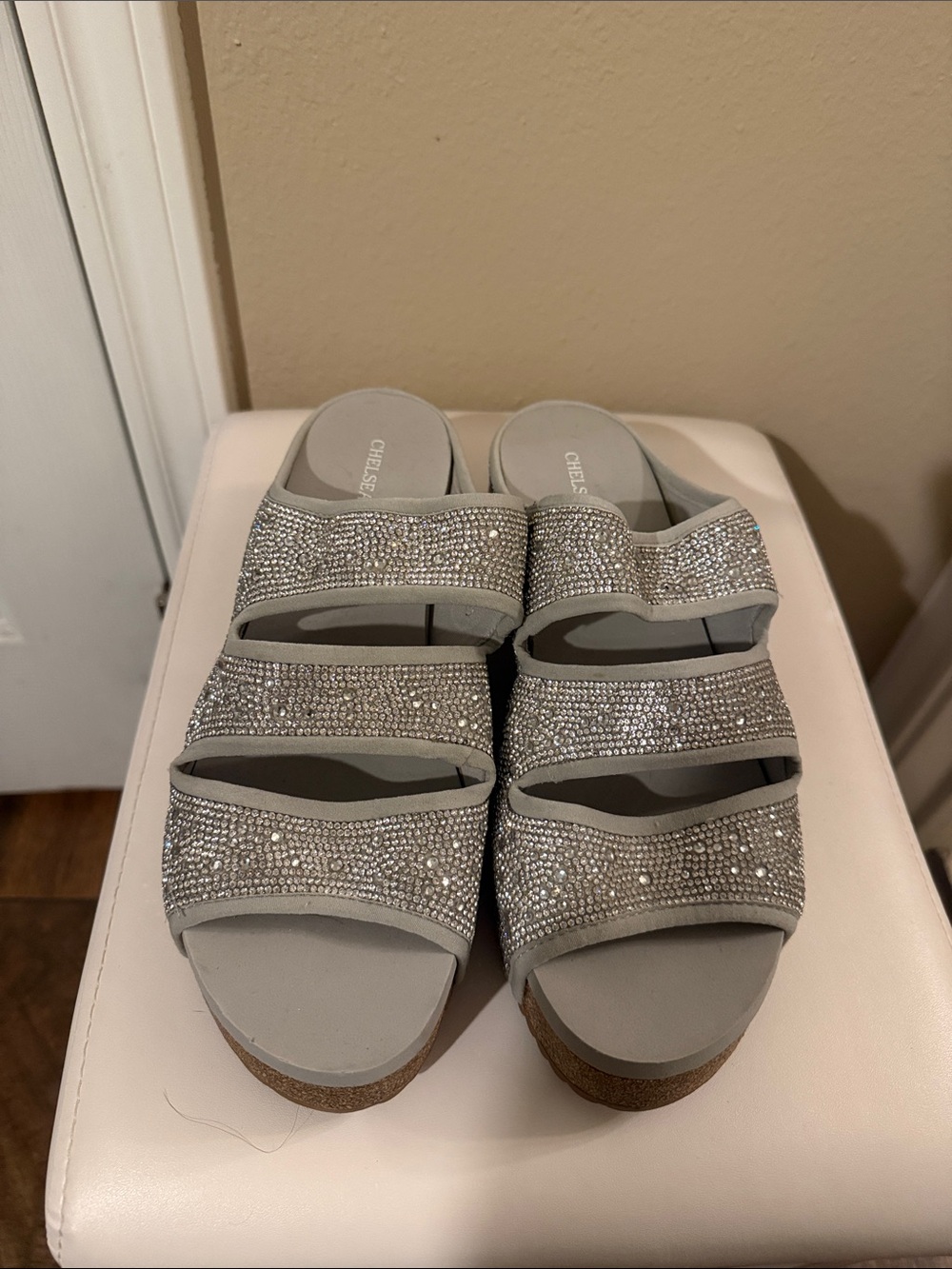 Chelsea & Violet Crew Silver Embellished Slide Wedges